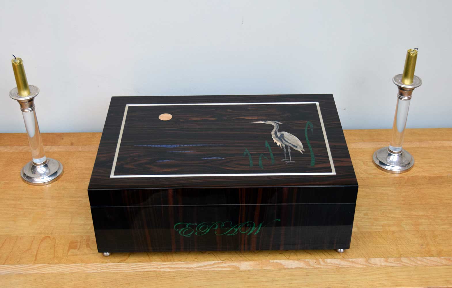 Macassar Ebony and Silver Heron 